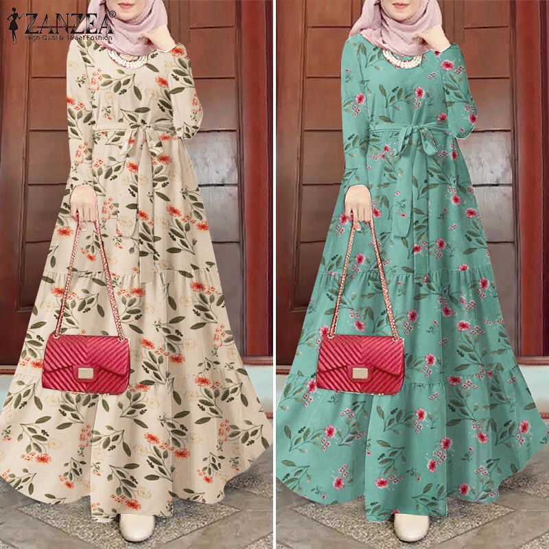 Zanzea Đầm Dài In Hoa Có Nút Thắt Lưng Thời Trang Cho Phụ Nữ Hồi Giáo
