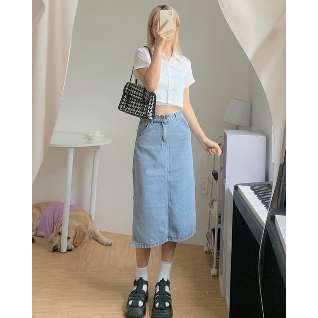 Chân váy jeans basic nhạt có xẻ
