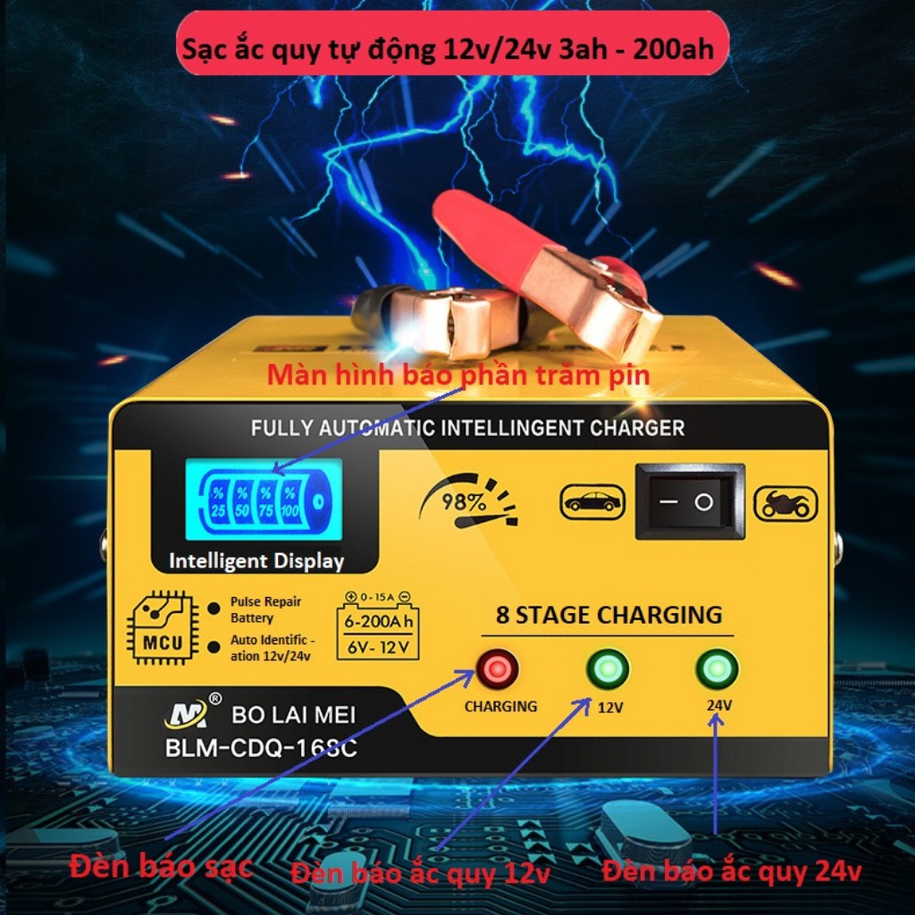 Bộ sạc acquy 12V-24V 200AH, sạc ắc quy xe máy ô tô tự đồng phục hồi ắc quy khử sumphat.