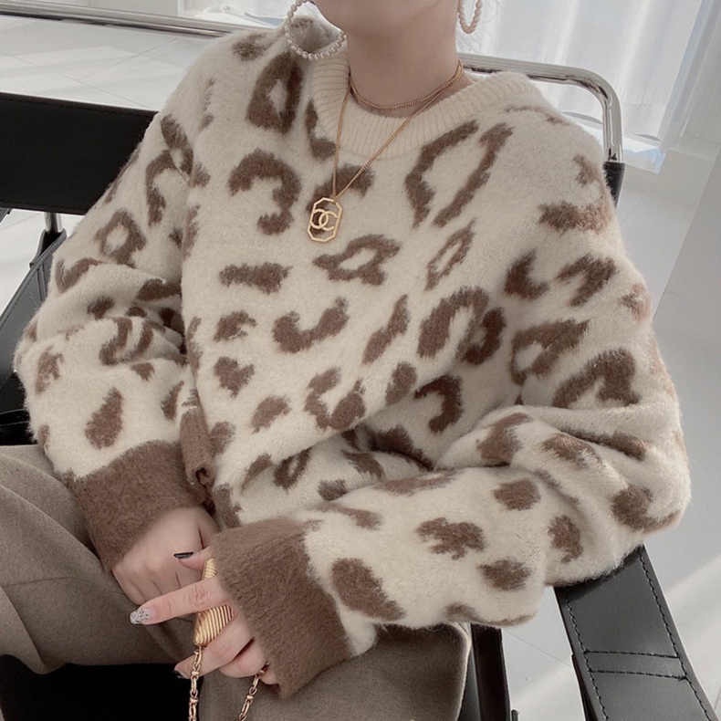 Áo Sweater Dệt Kim Hoạ Tiết Da Báo Thiết Kế Dáng Rộng Thoải Mái