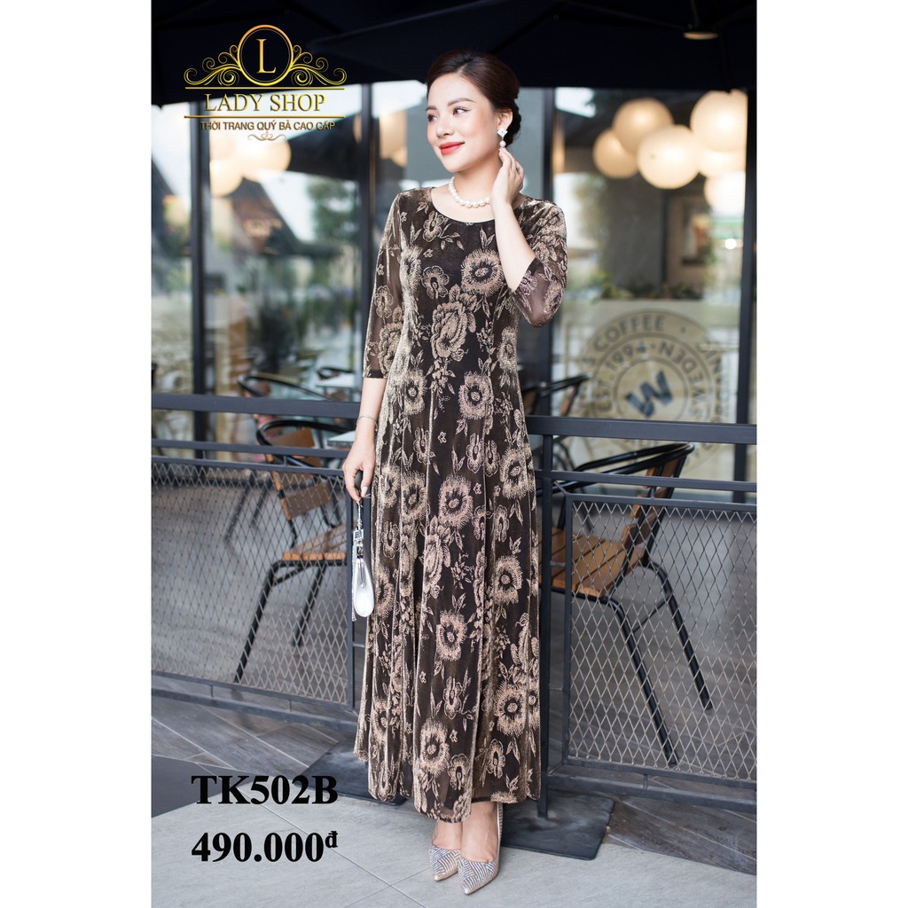 Thời trang trung niên -  Đầm quý bà cao cấp - Ladyshop - Đầm maxi ren nhũ hoa hồng vàng TK502