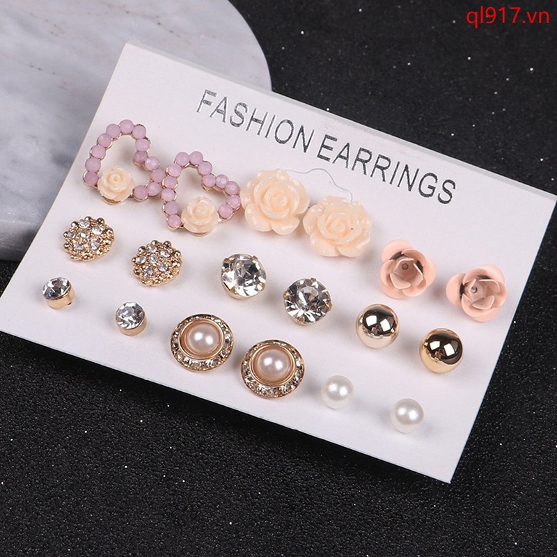 Set khuyên tai mạ vàng hình hoa hồng đính đá pha lê