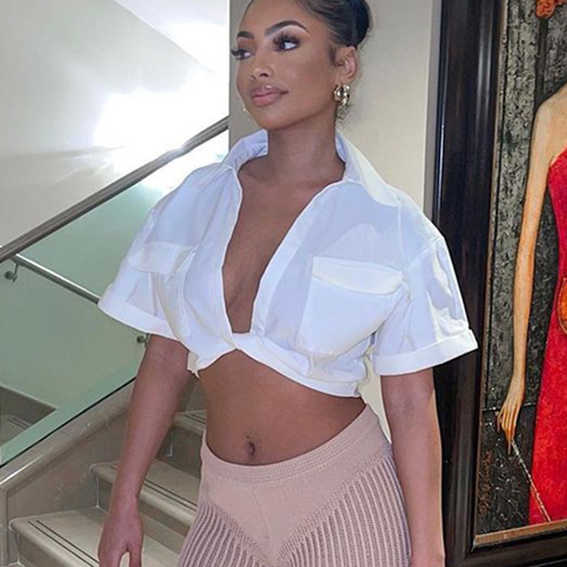 Áo Thun Tay Ngắn Cổ Chữ V Khoét Sâu Có Túi Quyến Rũ Màu Trắng Trơn Dễ Phối Đồ Cho Nữ