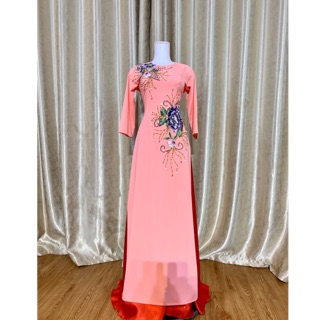 N013 ÁO DÀI HỒNG CAM ĐÍNH REN ĐỐI XỨNG