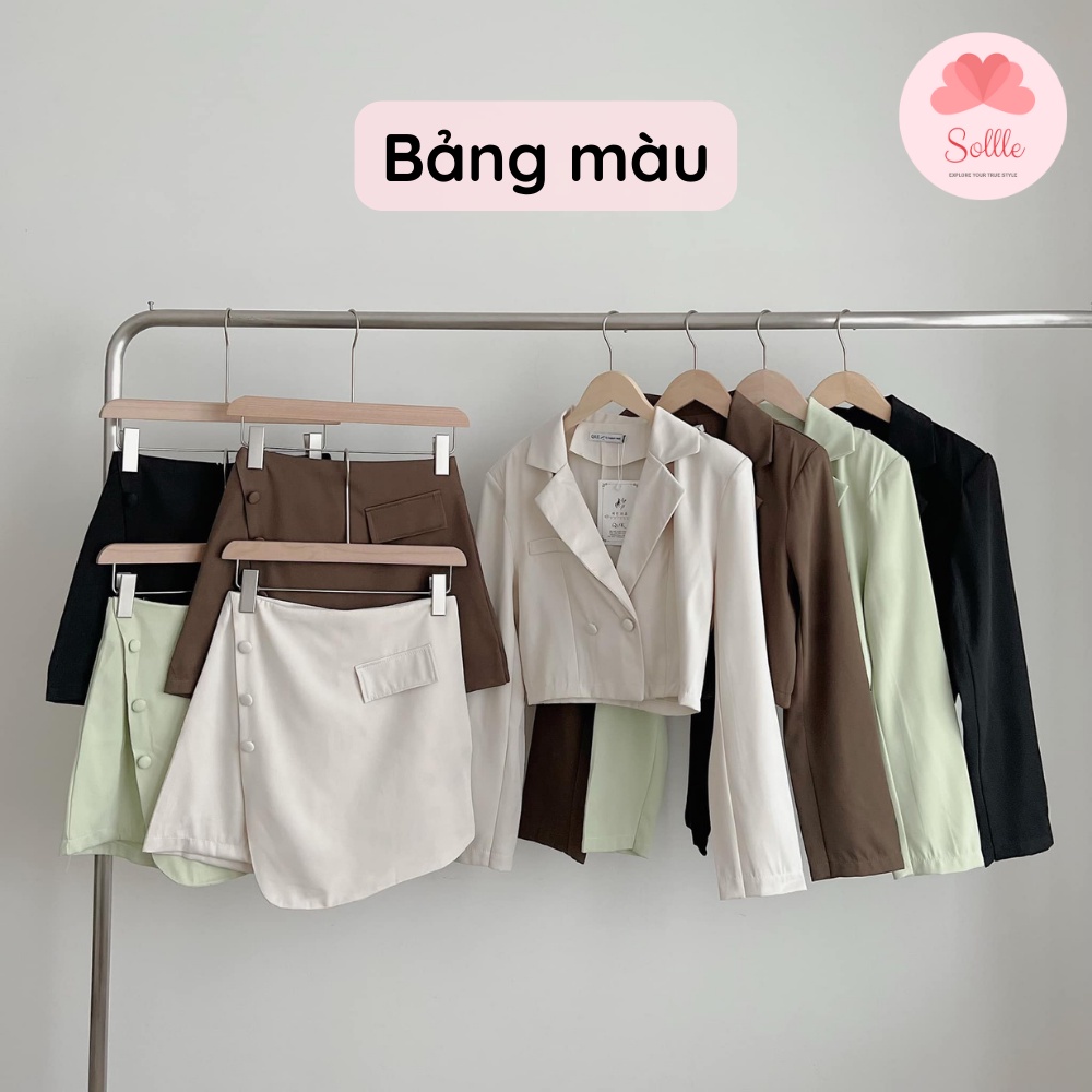 Set đồ nữ áo blazer dáng ngắn đệm vai cúc bọc kèm quần giả váy vạt xéo nhiều màu Sollle