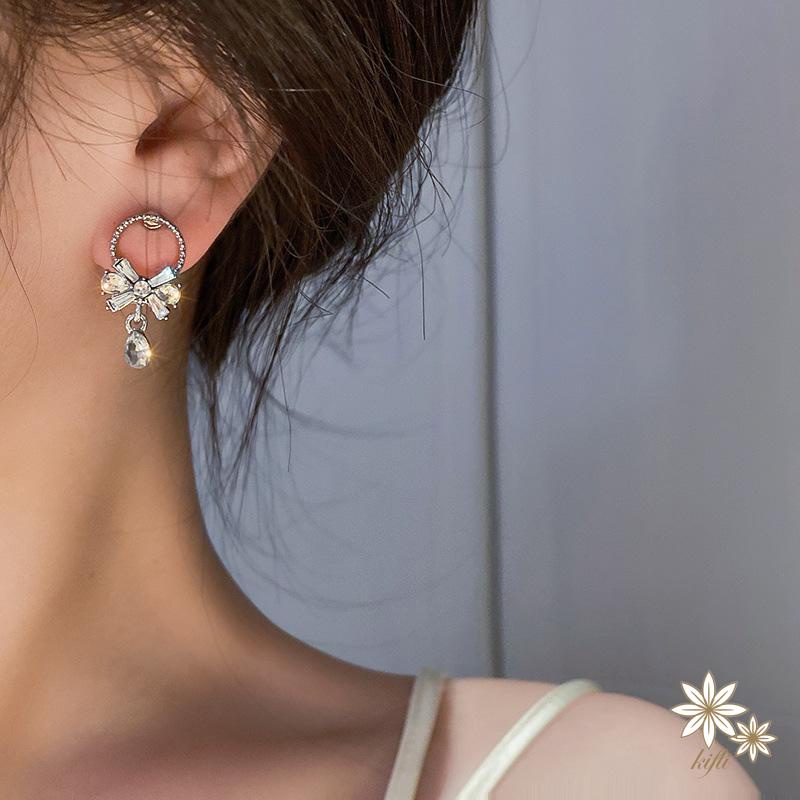 【Kifli】 Bông Tai Hình Nơ Đính Đá Cao Cấp Thời Trang Ngọt Ngào Dành Cho Nữ