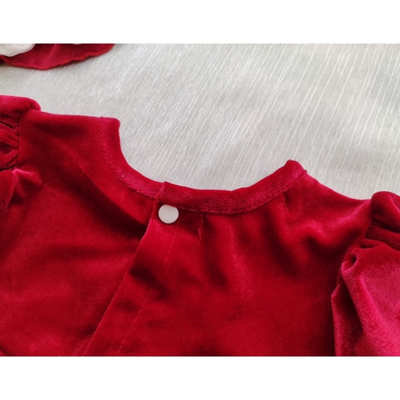 Bodysuit Nhung Đỏ Nơ Trắng Mẫu Mới Cho Bé Gái 0-12 Tháng Kèm Mũ &amp; Tất, Váy Sơ Sinh, Đầm Đầy Tháng.