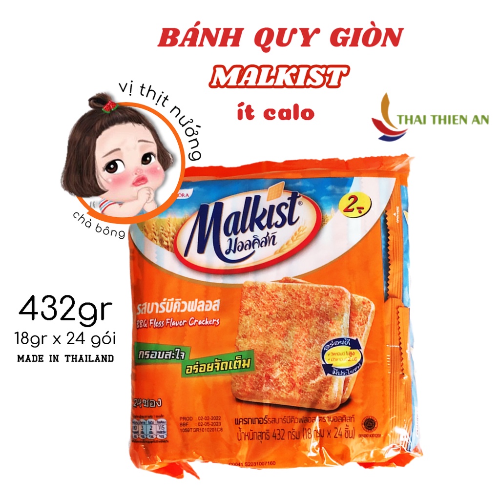 Bánh quy giòn vị thịt nướng MALKIST Thái Lan 432gr - bánh ít calo - túi - BBQ floss flavour crackers