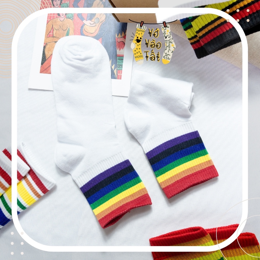 TẤT VỚ CỔ CAO UNISEX TRẮNG ĐEN VIỀN MÀU CẦU VỒNG