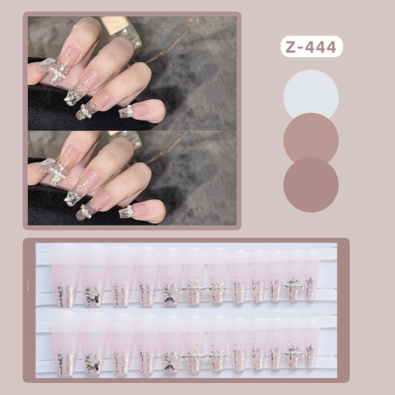 Set 24 móng giả D102 đính đá cao cấp, dáng móng dài dễ thương ( Tặng kèm keo và dũa )