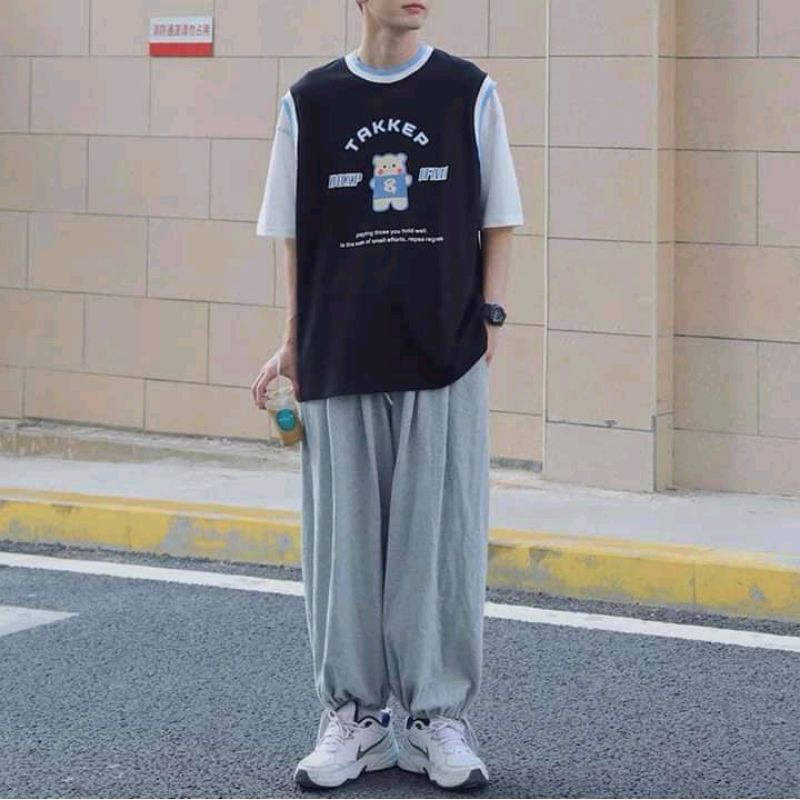 Áo thun tay lỡ phối tanktop kiểu áo bóng rổ unisex nam nữ form rộng PLANETE basic tee oversize 2 màu xanh đen siêu hot 4