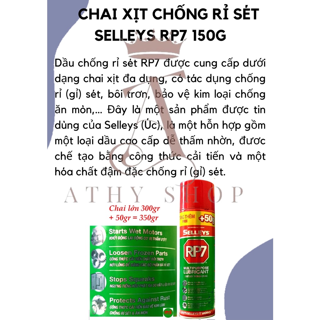 CHAI XỊT SELLEYS RP7 LỚN 350G, bình dầu chống gỉ rỉ sét, vệ sinh kim loại, R7 R P 7, metal cleaning liquid chemical