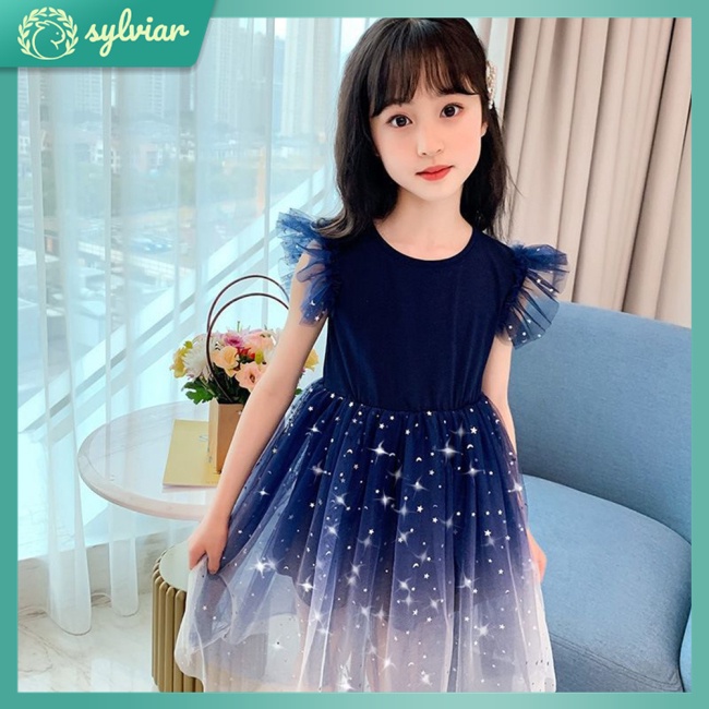 Đầm Công Chúa Tay Phồng Phối Lưới Màu Gradient In Họa Tiết Lấp Lánh Thời Trang Cho Bé Gái