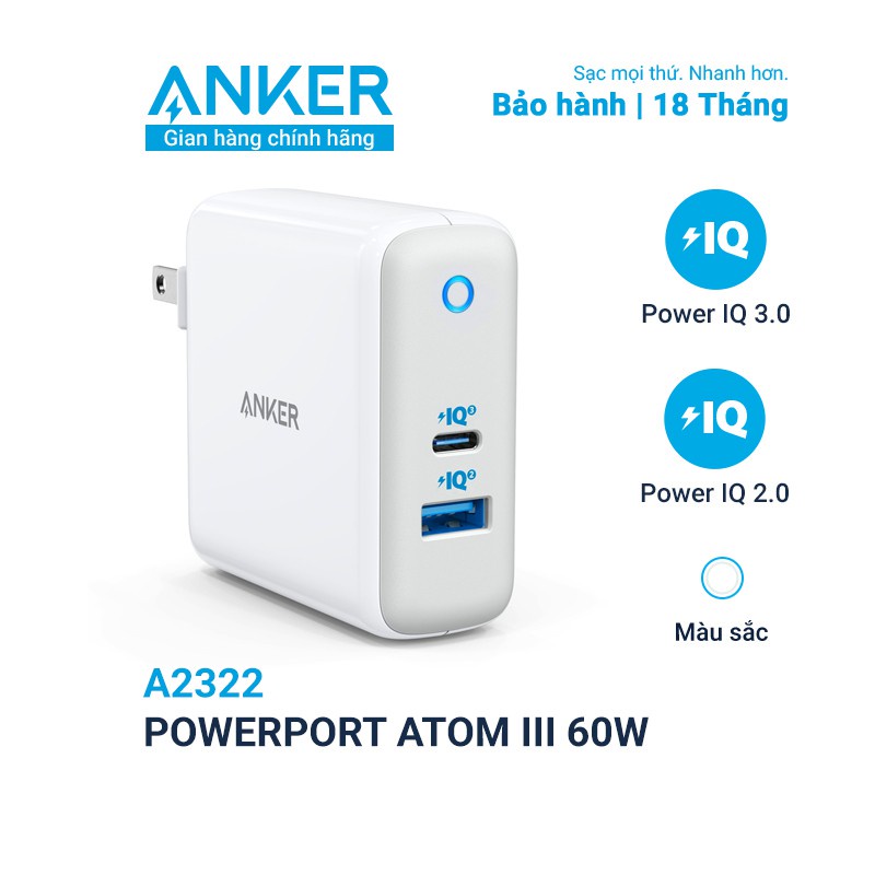 Sạc ANKER 2 cổng PowerPort Atom III 60w PIQ 3.0&amp;GaN - A2322 Đen Bảo hành 1 đổi 1 24 tháng, quà tặng cáp ngắn