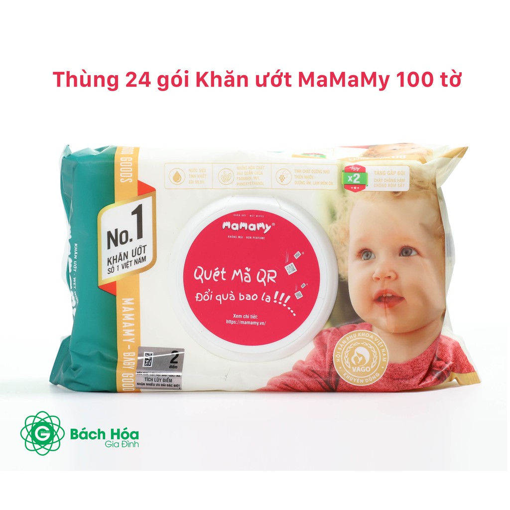 Thùng 24 gói Khăn Ướt Mamamy 100 Tờ (Không Mùi ,CÓ MÙI) Có Nắp