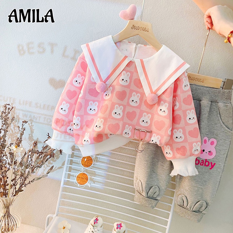 Bộ quần áo AMILA dài tay cổ bẻ lớn thời trang mùa thu Hàn Quốc dành cho bé gái