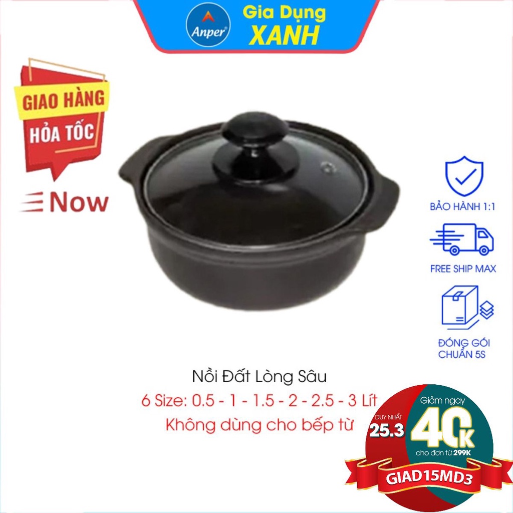 Nồi đất kho cá thịt  ANPER Loại 1 Size 0.5L 1L 1.5L 2L 3L (ko bếp từ )  nấu mì cay kho quẹt kiểu hàn quốc