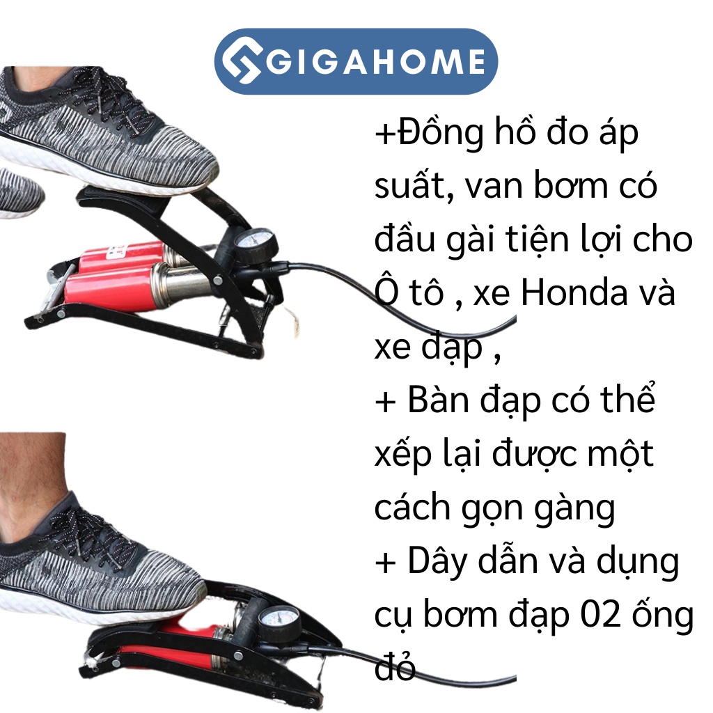 Bơm Xe Máy, Ô Tô Đạp Chân GIGAHOME 2 Piston, Có Đồng Hồ Đo Áp Suất Tiện Lợi 9250