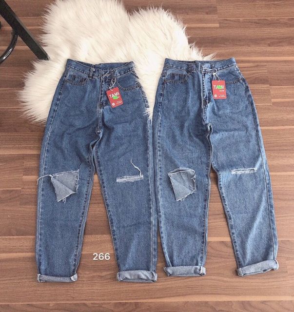 Quần baggy jeans đậm rách xẻ đùi gấp ulzzang