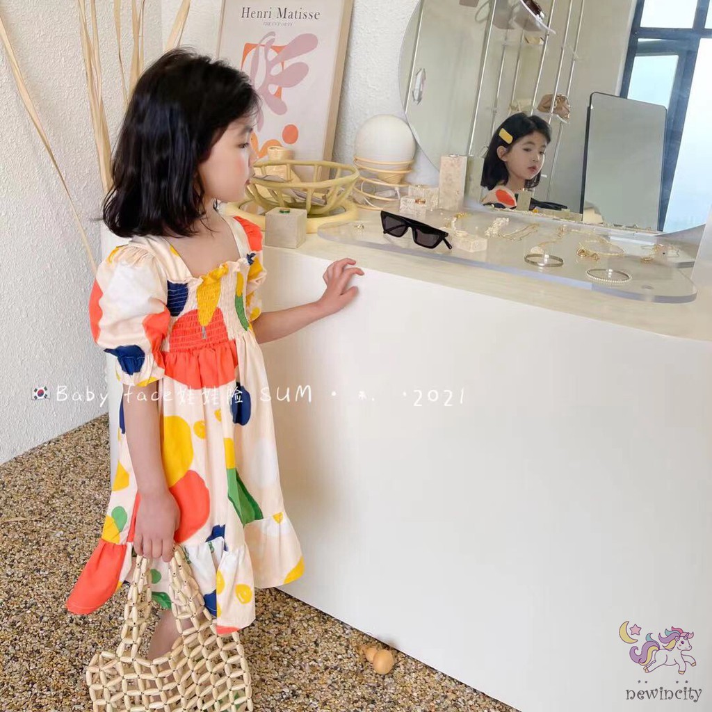 Đầm tay phồng cổ vuông in họa tiết thắt nơ phong cách Hàn Quốc thời trang dành cho bé gái