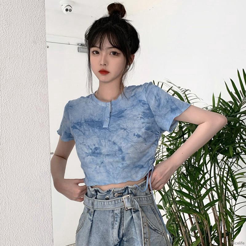 Áo Lửng Tay Ngắn Phối Màu Nhuộm Độc Đáo Trang Trí Dây Rút Bên Hông Cho Nữ