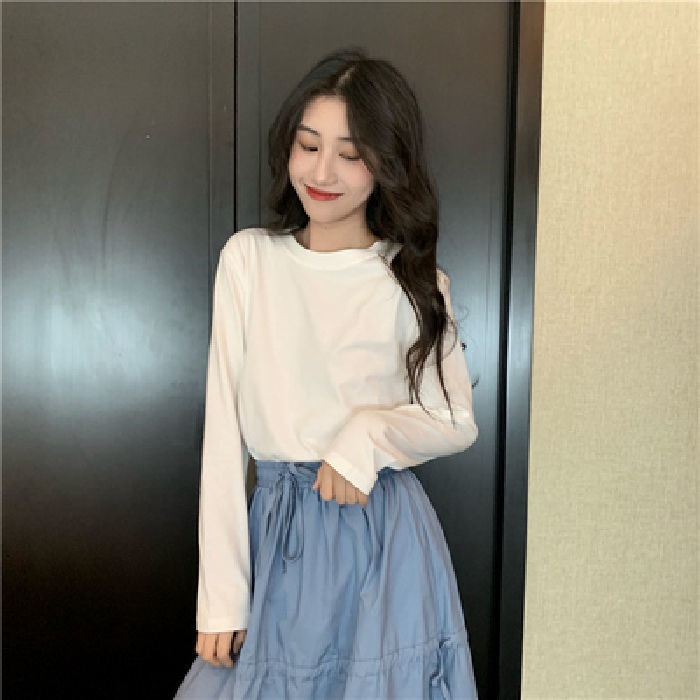 Áo Thun Tay Dài Cổ Tròn Màu Trơn Phong Cách Hàn Quốc Cho Nữ