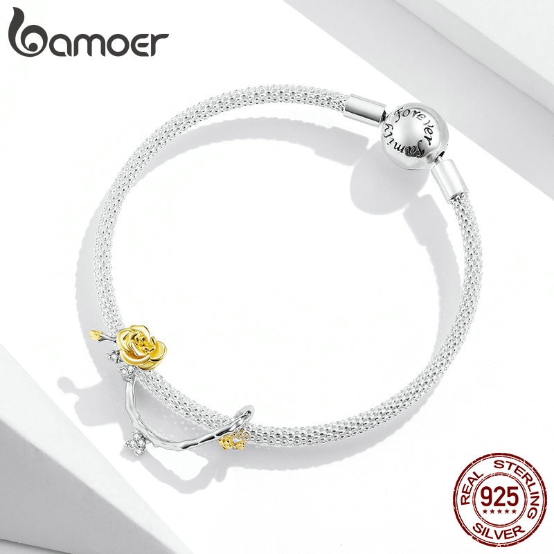 Hạt charm Bamoer BSC322 hình nhánh hoa hồng bạc 925 trang trí vòng tay xinh xắn