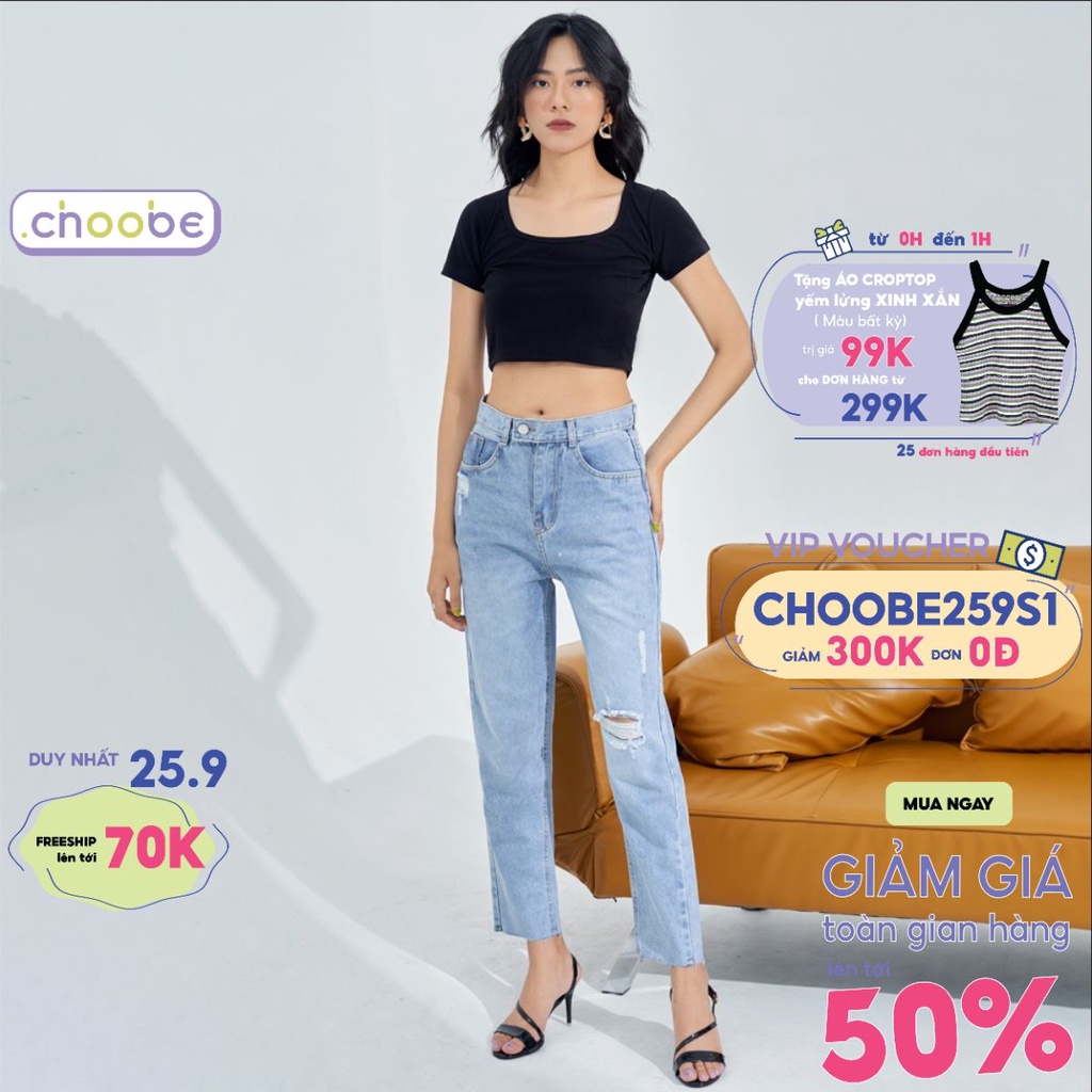 Quần jean nữ Choobe lưng cao baggy bò trơn rách gối phong cách thời trang - QJ08
