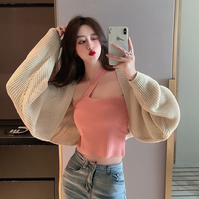 Áo Khoác len cadigan nữ dáng croptop tay cánh dơi blackpink loại dày đẹp không cúc
