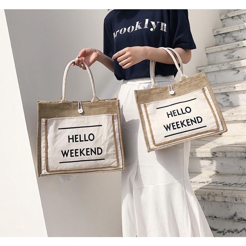 Túi cói đi biển, túi xách du lịch Hello Weekend