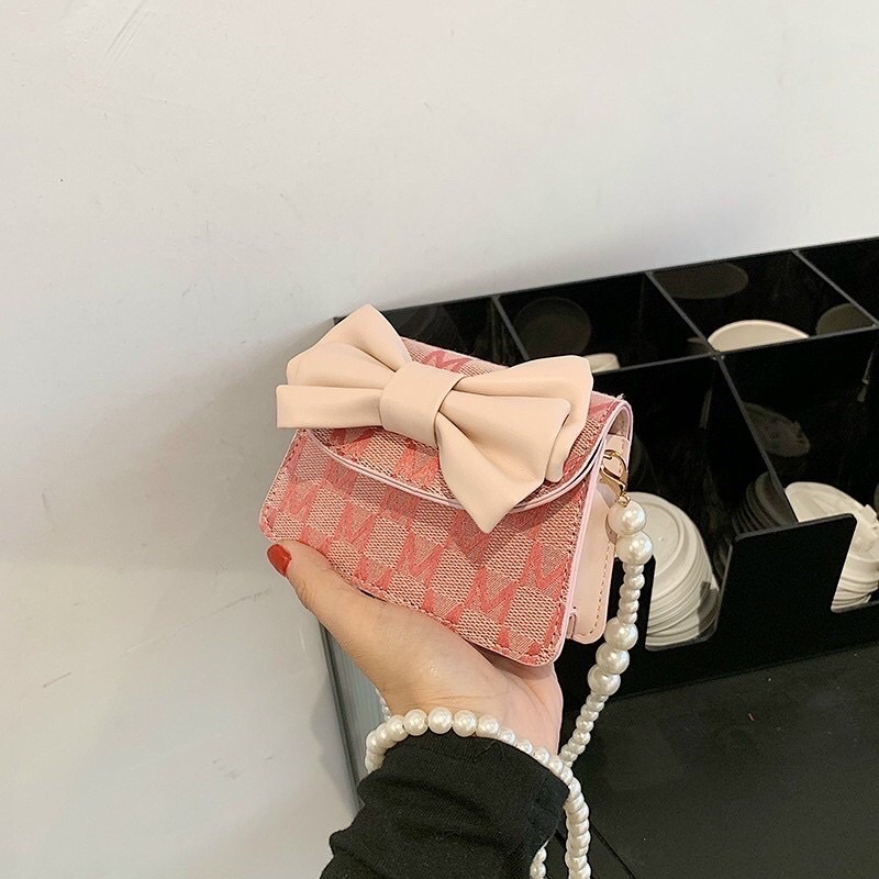 TÚI ĐEO CHO BÉ NƠ MINI SIÊU CUTE - DÂY ĐEO HẠT NGỌC [ ảnh thật ]