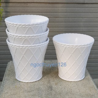 Bộ 04 chậu caro trồng hoa kiểng màu trắng nhựa dày đẹp size nhỏ 22x22x15cm