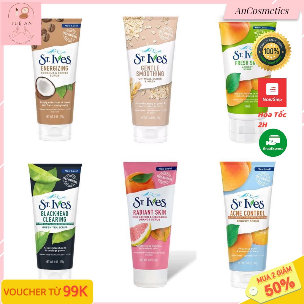 Sữa rửa mặt sạch mụn có hạt tẩy tế bào da chết dịu nhẹ St.Ives 170g chọn vị