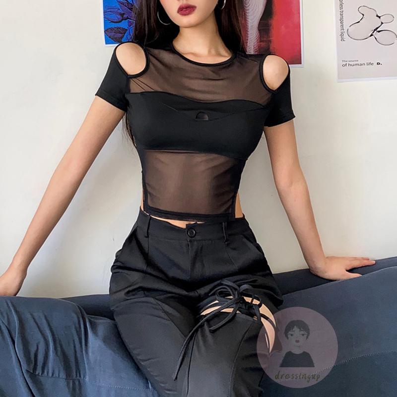 Áo Crop Top Tay Ngắn Cổ Tròn Phối Lưới Thời Trang Mùa Hè Cho Nữ