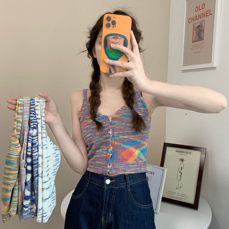 Áo dệt kim hai dây màu sắc tương phản thời trang mùa hè phong cách Hàn Quốc mới cho nữ