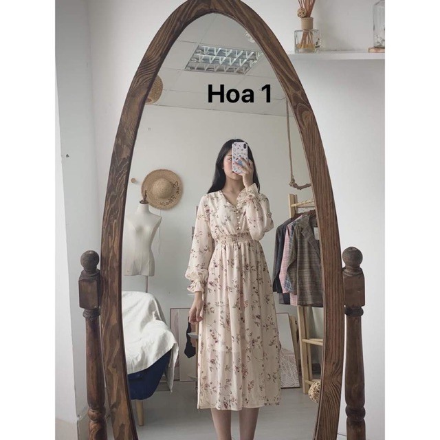 Đầm - Váy hoa nhí tay dài bo chun cổ tim bánh bèo babydoll, Đầm - Váy hoa nhí dài dáng xòe cổ V chun eo đi biển, dự tiệc