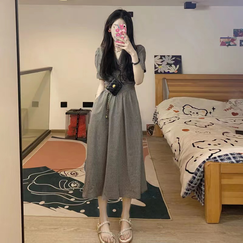 Đầm maxi Tay Ngắn Cổ Chữ v Họa Tiết Kẻ Ô Phong Cách Hàn Quốc Mới