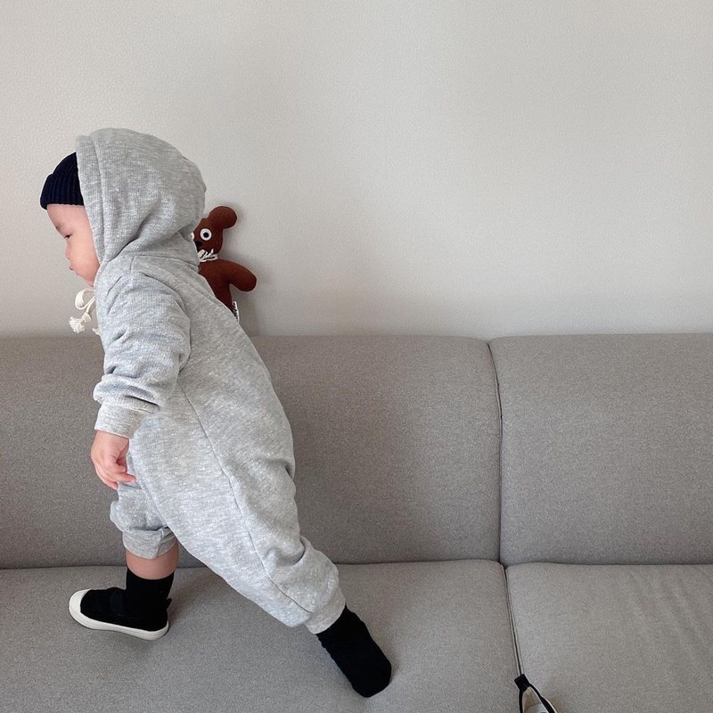 Áo liền quần tay dài có mũ trùm đầu và khóa kéo phong cách Hàn Quốc thời trang thu đông dành cho trẻ em 1z0R