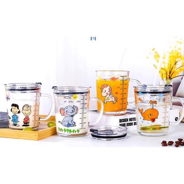 cốc nước hồng hạc BN4 thuỷ tinh có vạch 400ml - 450ml cute dễ thương