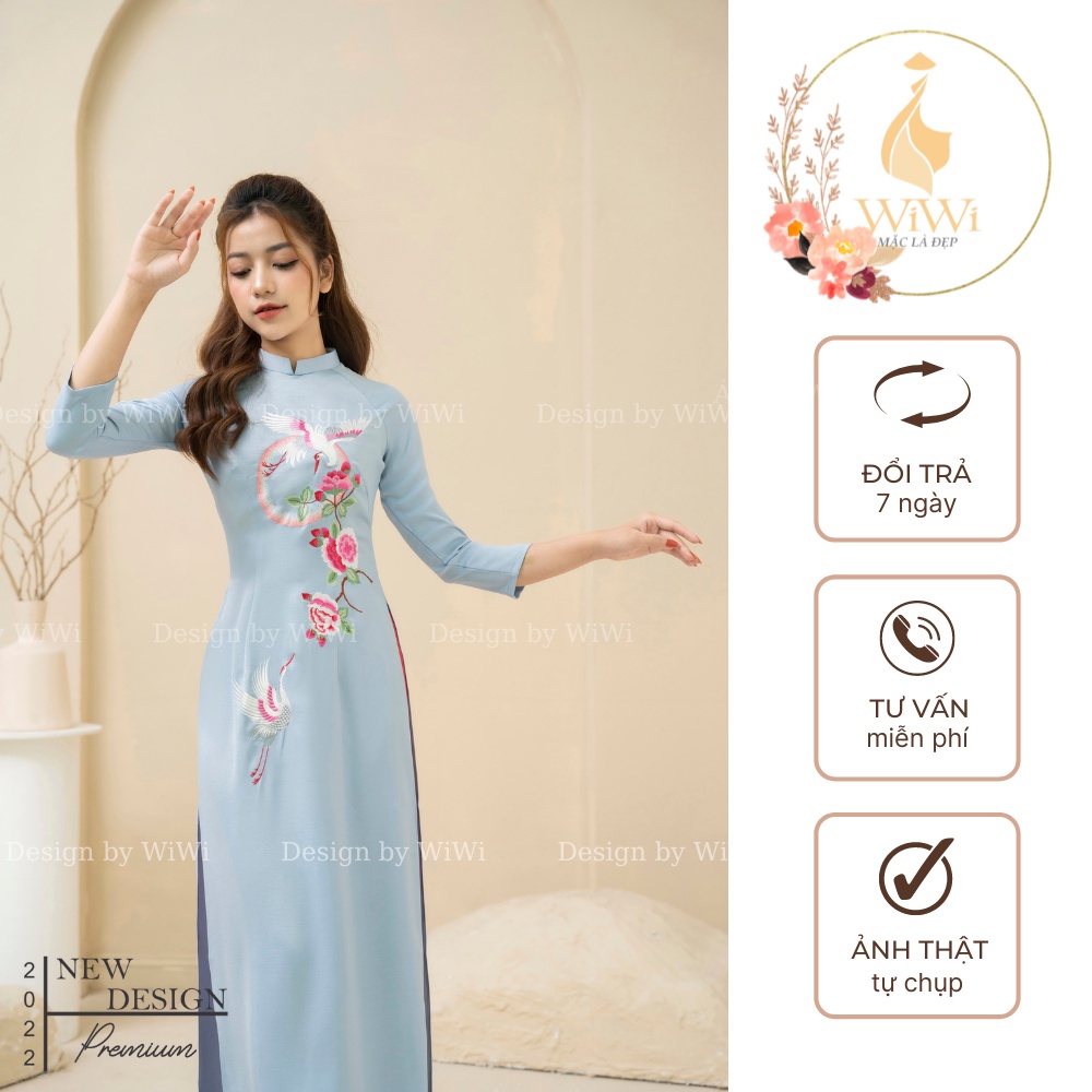 Áo dài truyền thống nữ thêu hoa và hạc trên vải lụa tây thi cao cấp, Áo dài nữ may sẵn đủ size mặc dự tiệc lễ tết đẹp