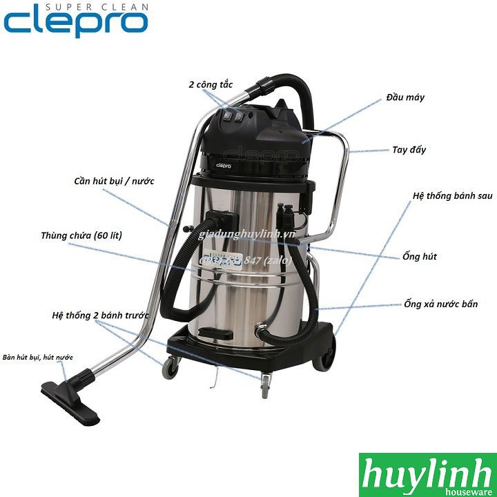 Máy hút bụi khô và ướt Clepro S2/60 - 60 lít - 2 motor