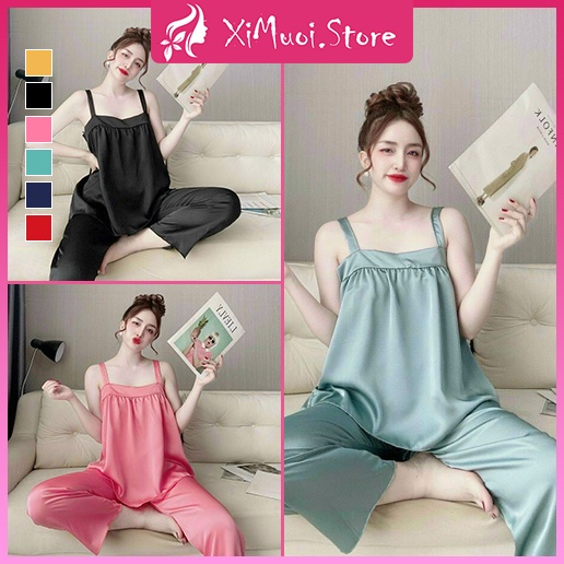 Bộ đồ ngủ 2 dây chất lụa siêu thoáng mát, freesize cho 56kg đổ về | BigBuy360 - bigbuy360.vn