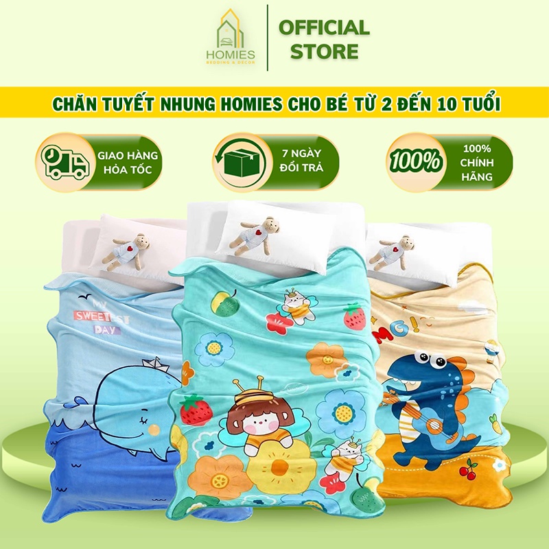 Chăn tuyết nhung cho bé đi học hình ngộ nghĩnh chất tuyết nỉ nhung mềm mịn, KT 1m x 1m4