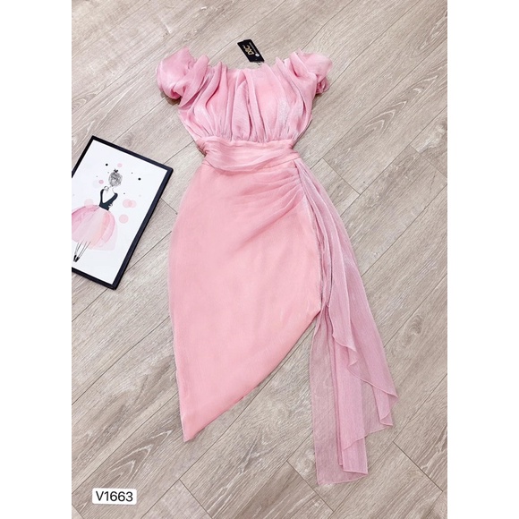 V1663 váy body hồng trễ vai