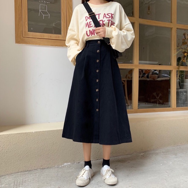 Chân váy dài hàng cúc giữa ulzzang