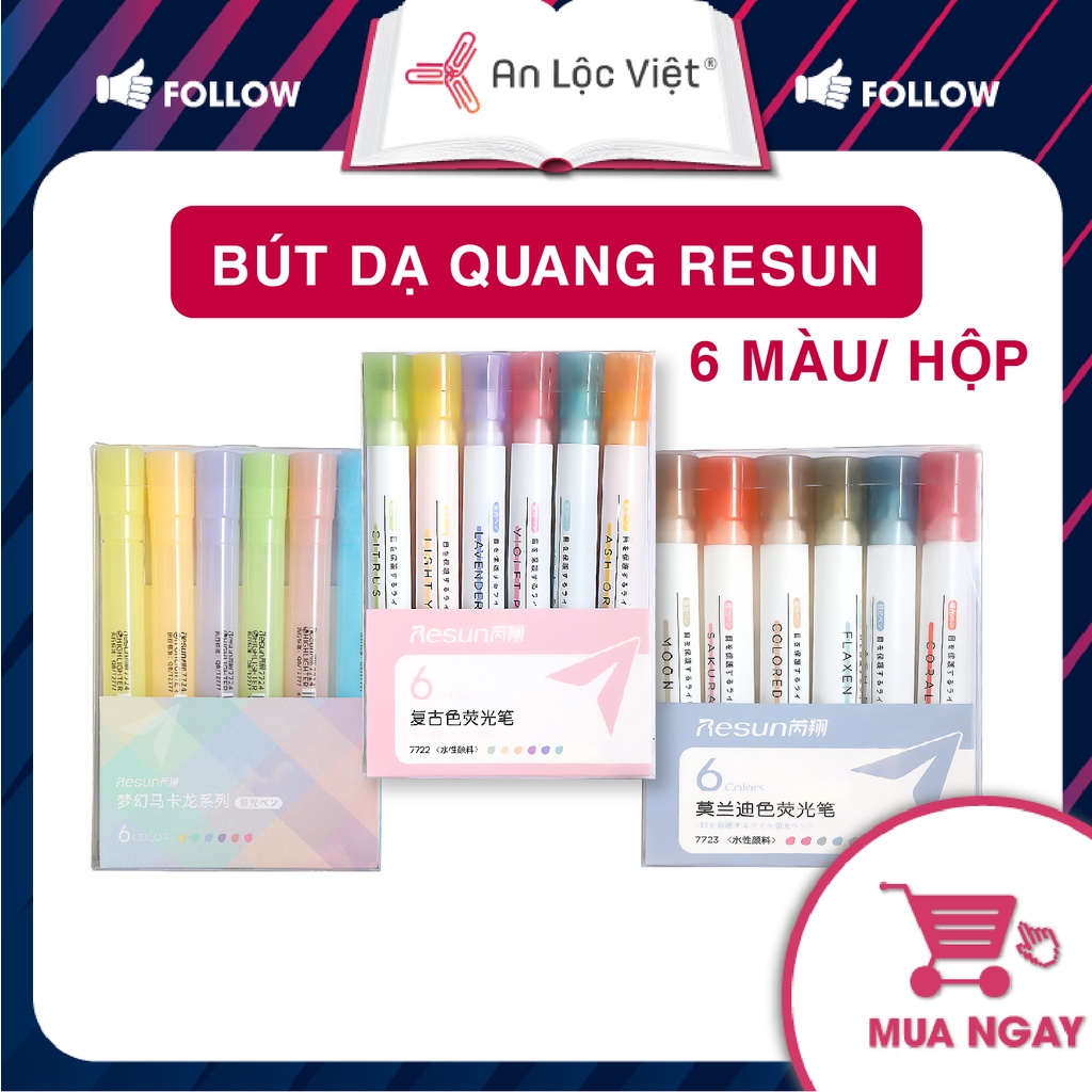 Bộ Bút Dạ Quang 6 Màu, Vỏ Nhựa Resun - Đánh Dấu Tài Liệu Tiện Lợi