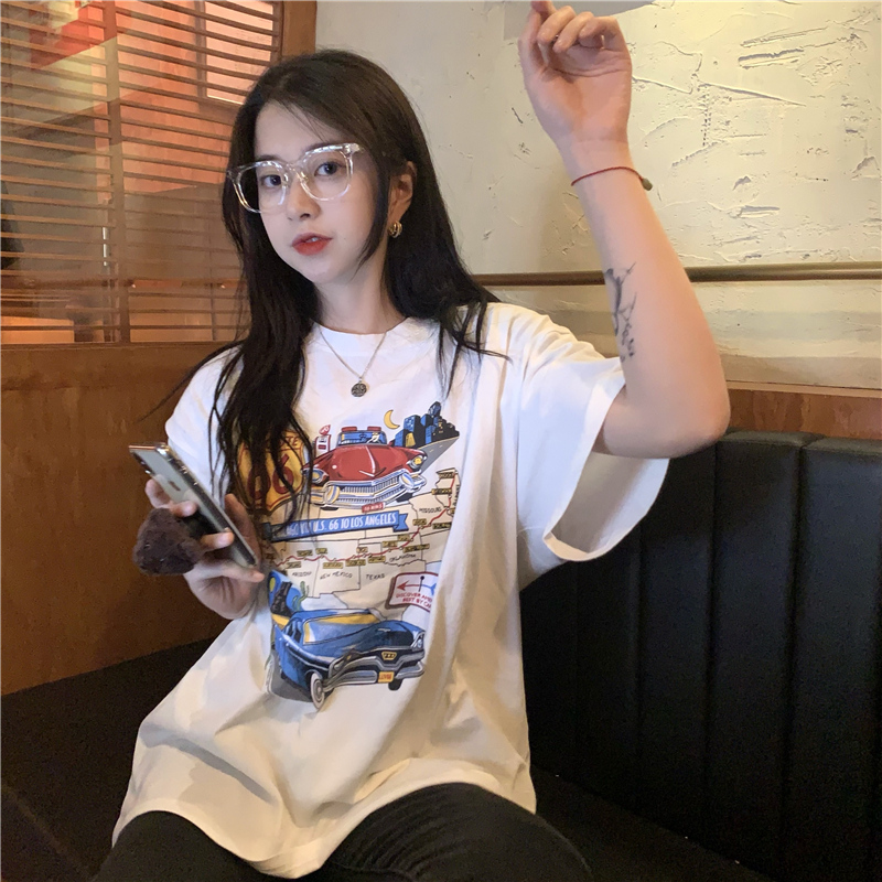 Áo thun dáng rộng tay ngắn in hình xe hơi thời trang cho nữ