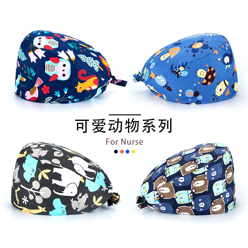 Mũ phẫu thuật cotton thấm hút mồ hôi in họa tiết hoạt hình có nút cài tiện lợi cho bác sĩ/ y tá Q01~Q40