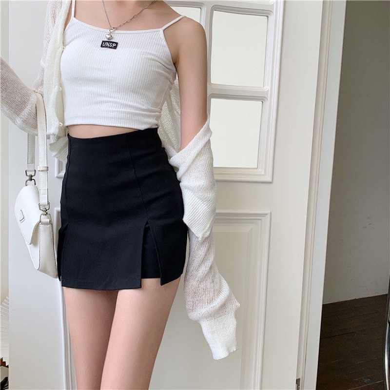 Váy quần màu đen dáng chữ A ôm xẻ tà cạp cao chất dày dặn màu đen