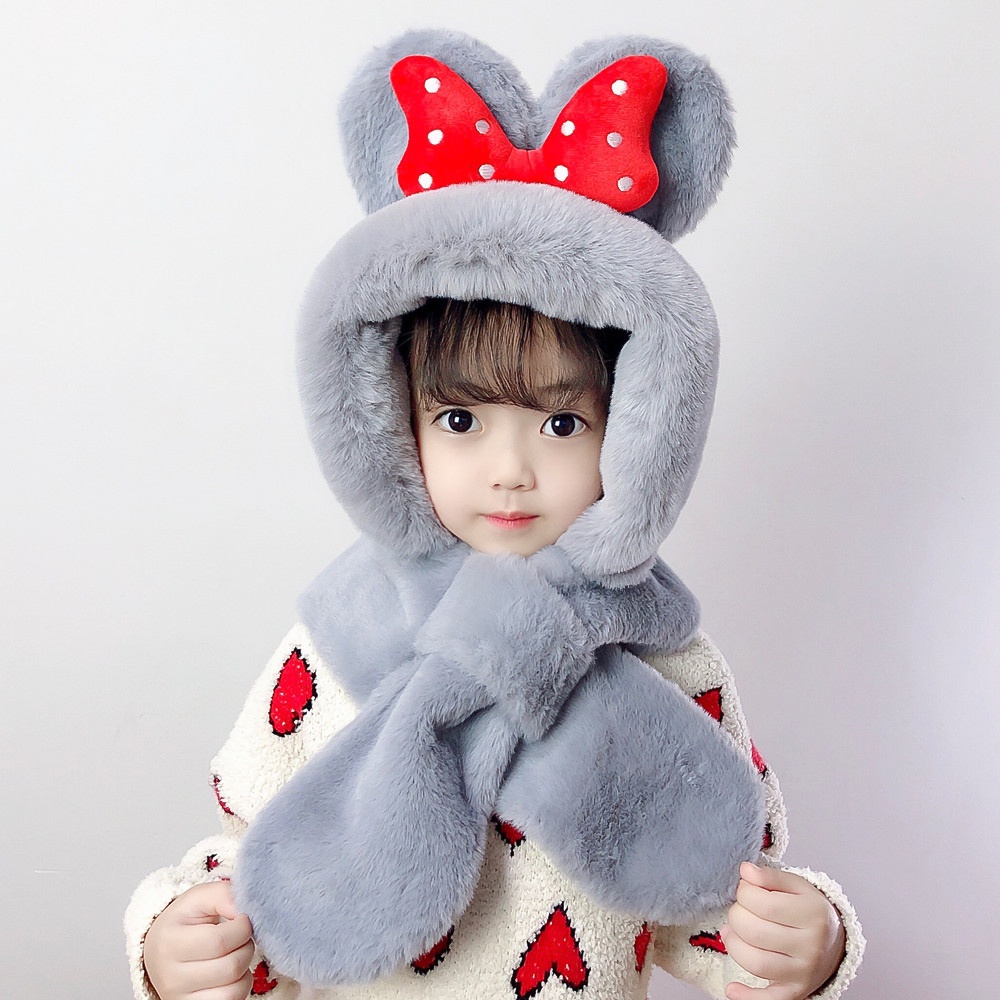 Mũ len cho bé gái trùm đầu kèm khăn nơ cực dễ thương phù hợp trẻ em 3 đến 10 tuổi ML21
